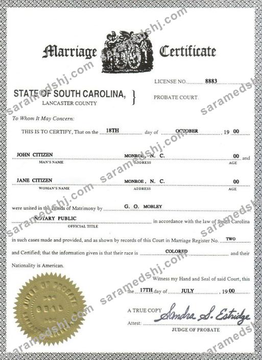 USA South Carolina marriage certificate template in PSD format